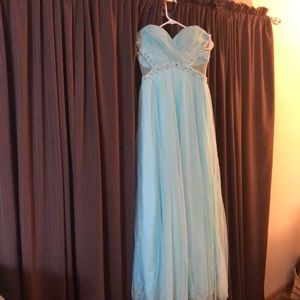 Prom dress teal colored with Crystal detailing and shimmer netting skirt